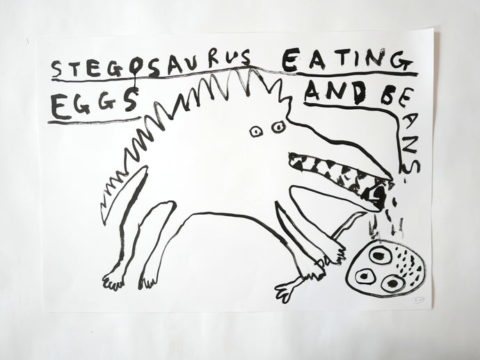 Stegosaurus eating eggs and beans