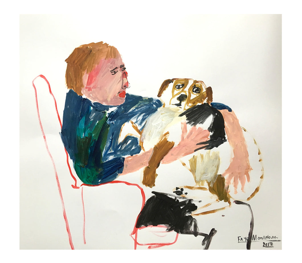 Original Faye Moorhouse painting - Man and Dog on a Chair - free international shipping