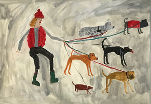 Women and their dogs - walking with friends | original Faye Moorhouse painting