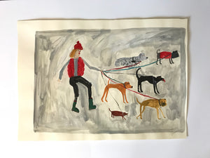 Women and their dogs - walking with friends | original Faye Moorhouse painting